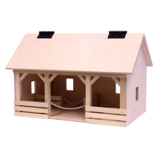 Large wooden A-frame barn toy with hay loft, realistic farm design, made by AmishToyBox.com, ideal for farming play and educational fun.