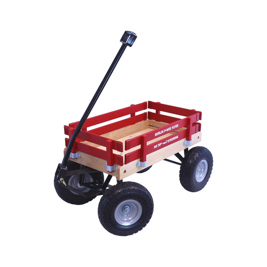 Amish-made Berlin Big-Foot Kid's Wagon Model F300 pull-behind wagon with wooden sides and handles, suitable for children.