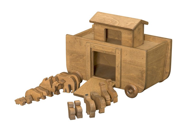 Amish-made wooden Noah's Ark toy with 14 colorful wooden animals, part of AmishToyBox.com's wooden toys collection.