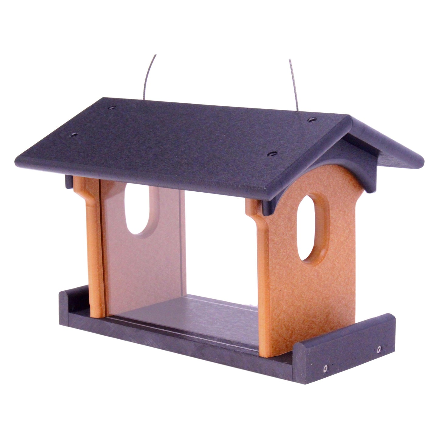 Amish-made bluebird feeder with poly lumber, designed for feeding mealworms, hanging outdoors with bluebirds perched.