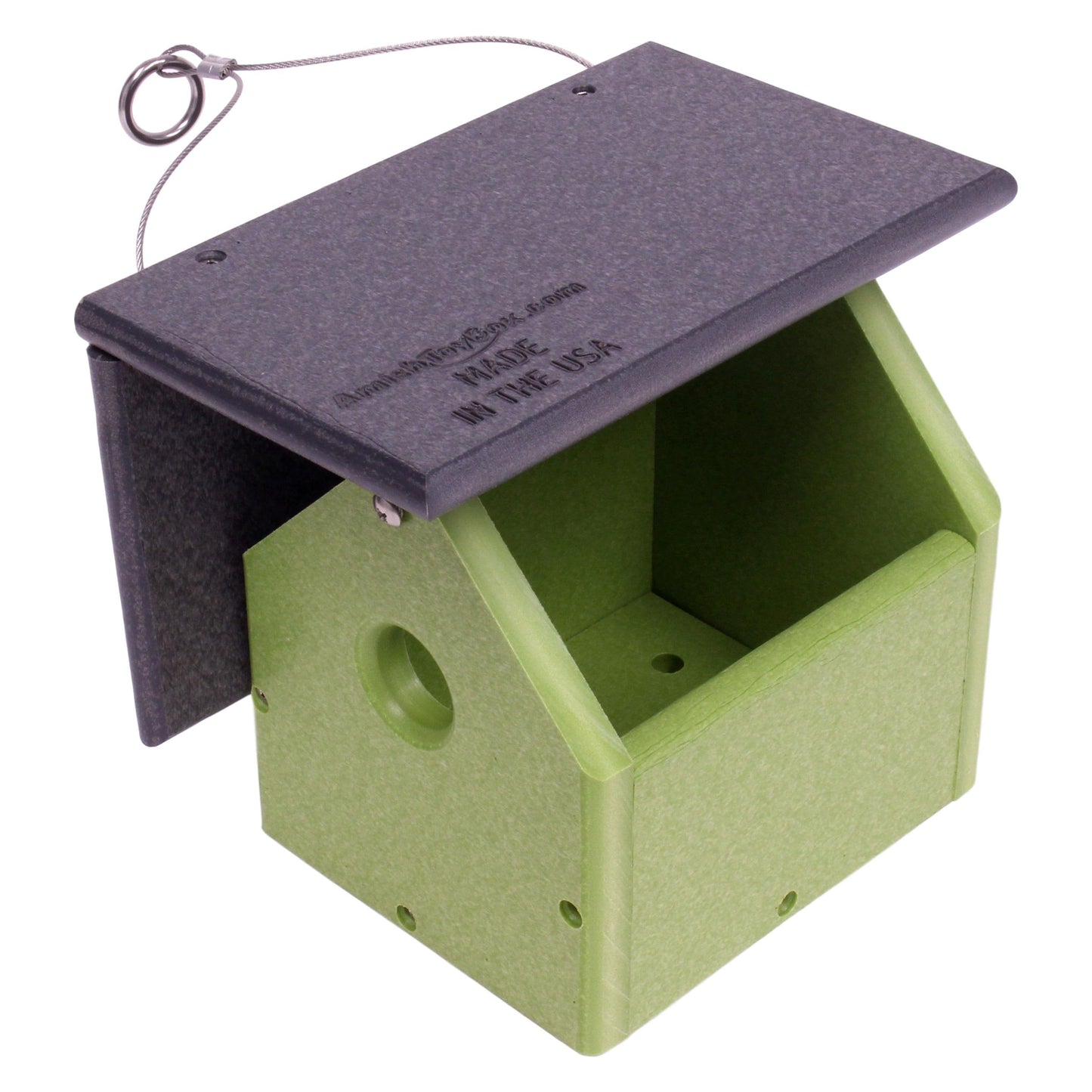 Amish-made poly lumber bird house for chickadees or wrens, featuring a natural wood finish and a small entrance hole.