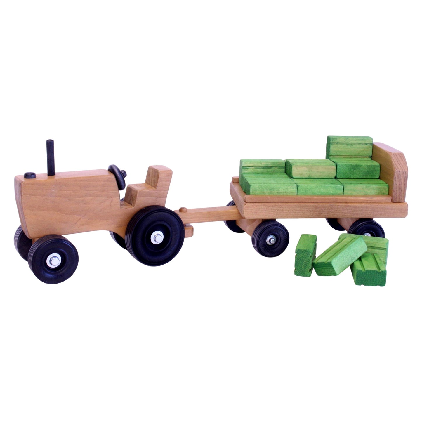 Amish-made wooden toy tractor and wagon set with hay bales, durable handcrafted farm playset for children.