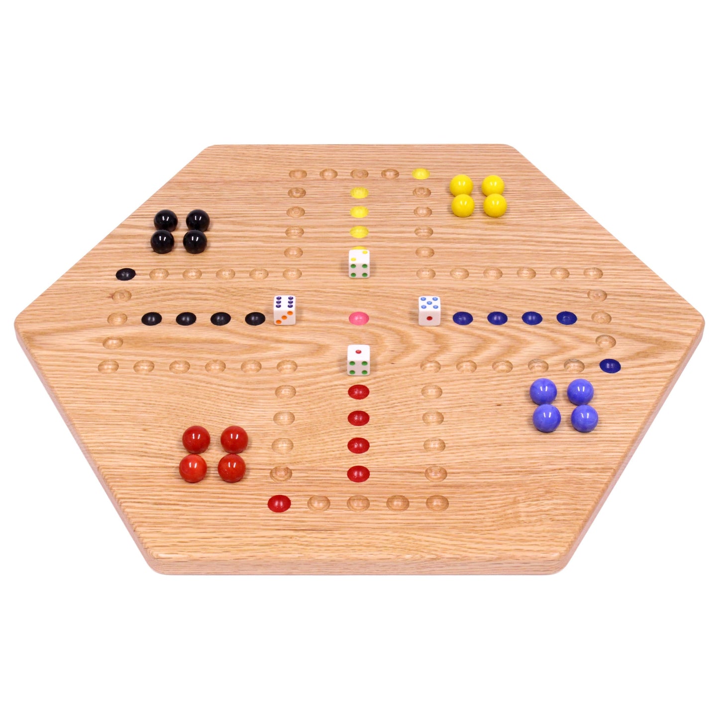 Hand-painted Aggravation Wahoo marble board game on wooden game board, featuring double-sided design and colorful marble paths.