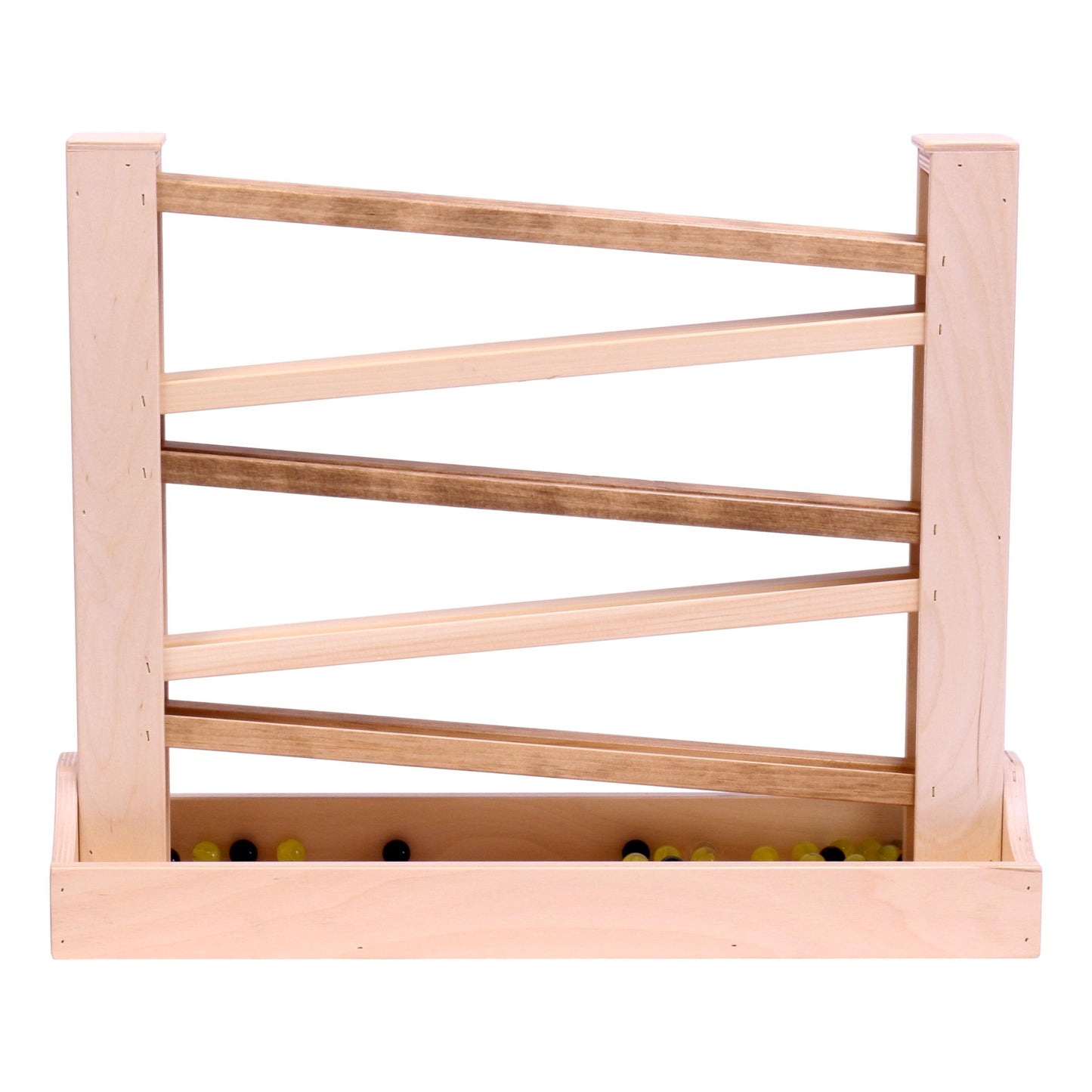 Amish-made heirloom marble roller toy with wooden balls and colorful marbles, child-safe finish, perfect for early childhood play.