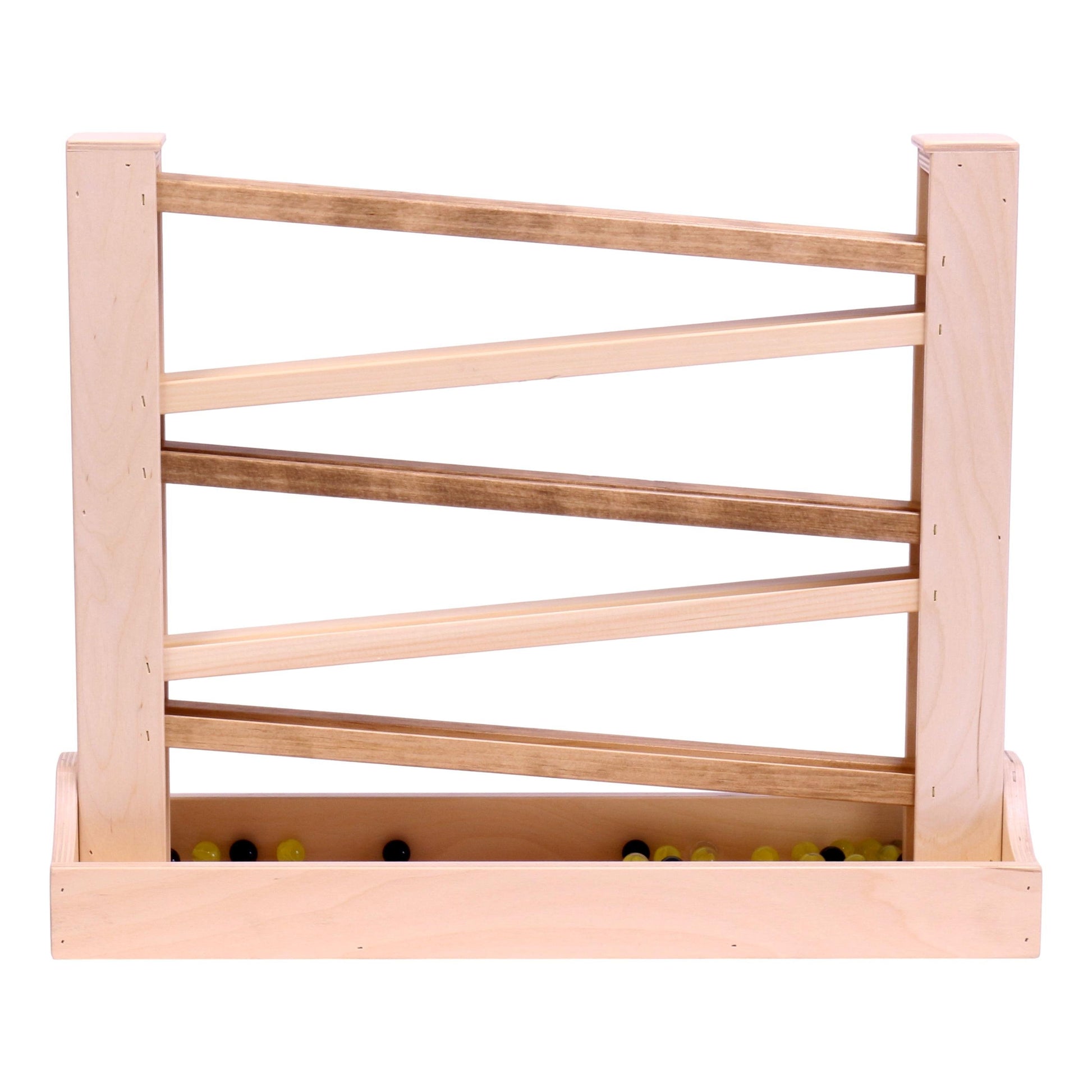 Amish-made heirloom marble roller toy with wooden balls and colorful marbles, child-safe finish, perfect for early childhood play.