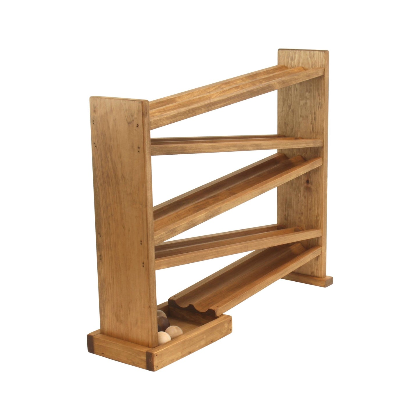 Amish-made wooden ball roller racetrack toy with eight colorful wooden balls on a smooth wooden track.