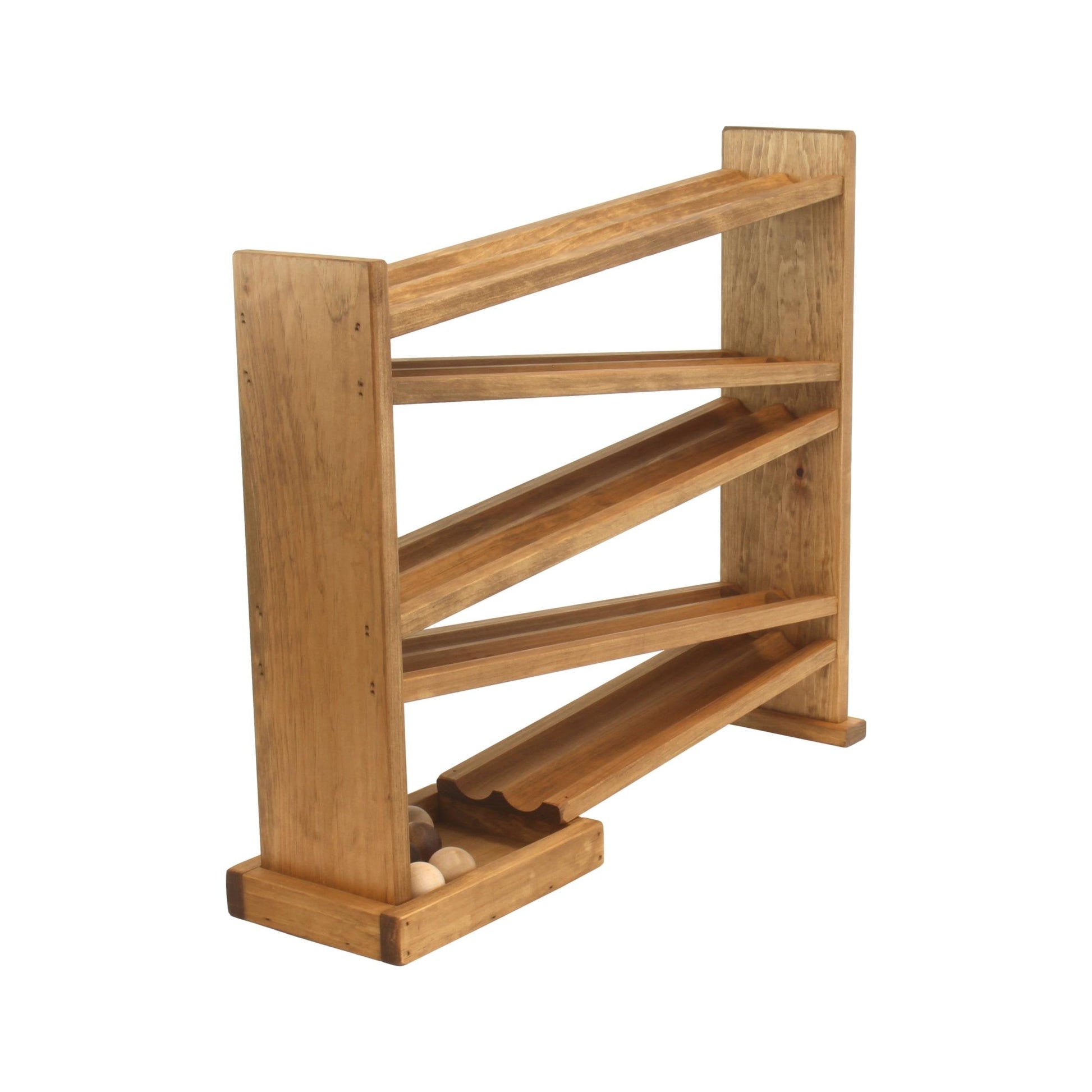 Amish-made wooden ball roller racetrack toy with eight colorful wooden balls on a smooth wooden track.