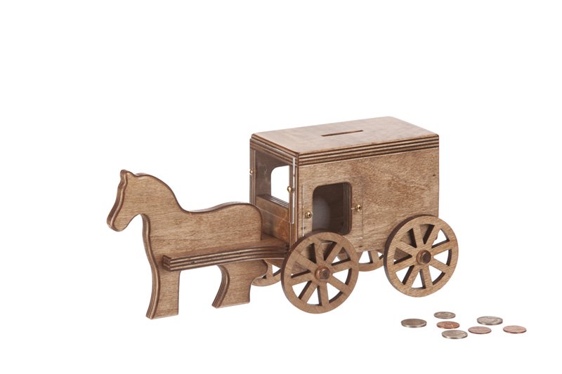 Amish-made wooden horse and buggy penny piggy bank from AmishToyBox.com, handcrafted wooden toy for children.