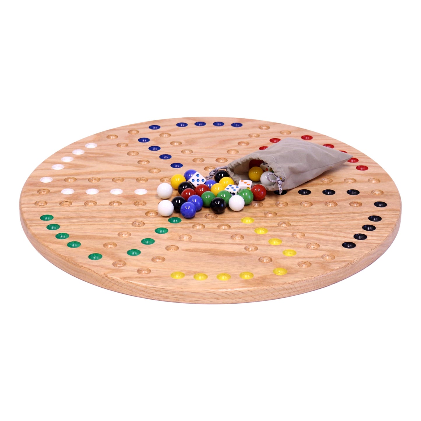 Round Aggravation game board set made of solid oak wood, double-sided, with colorful game pieces for classic family fun.