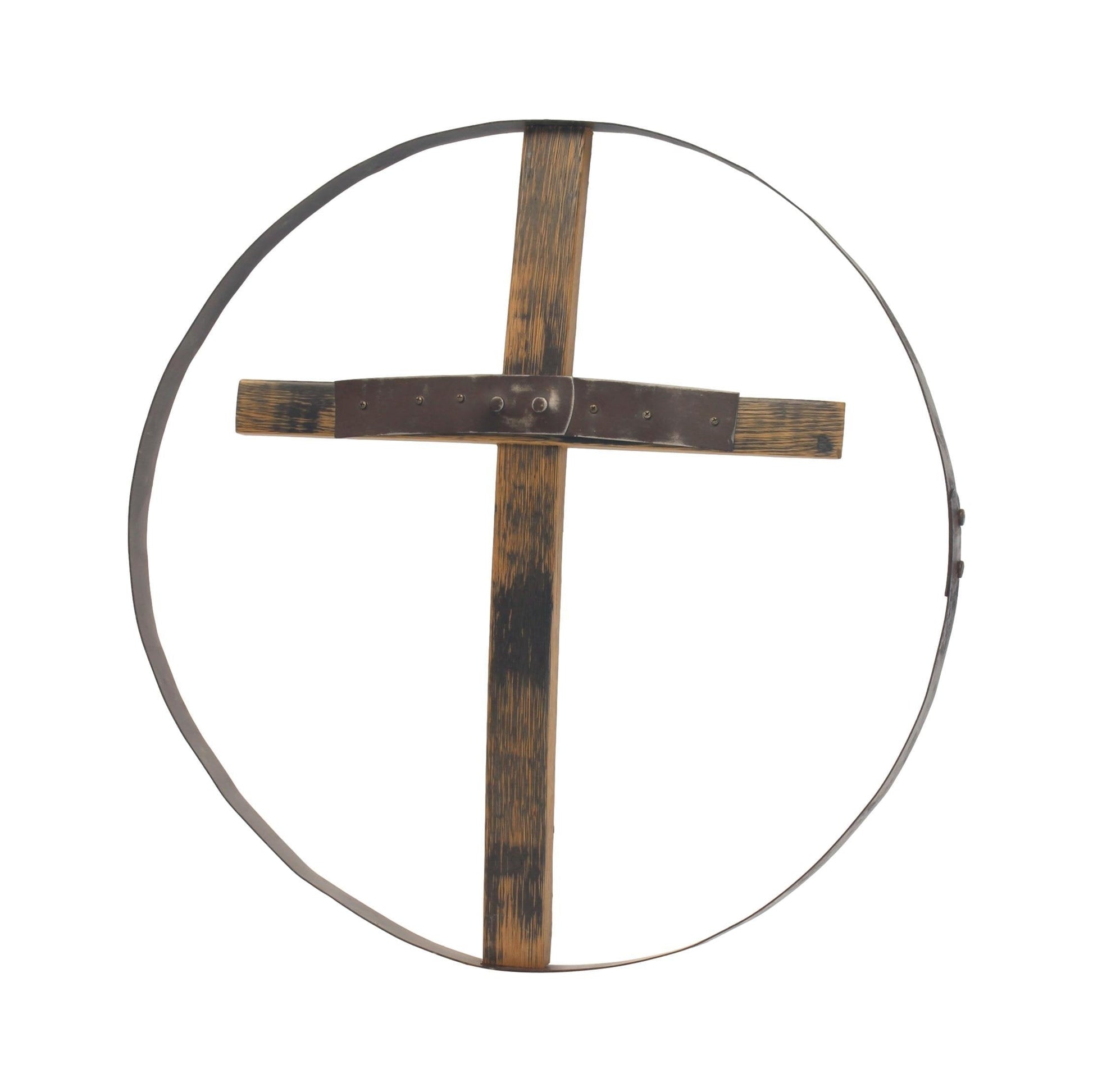 Rustic reclaimed barrel cross wall art, 23-inch diameter Amish-made religious wall decor with weathered wood finish.