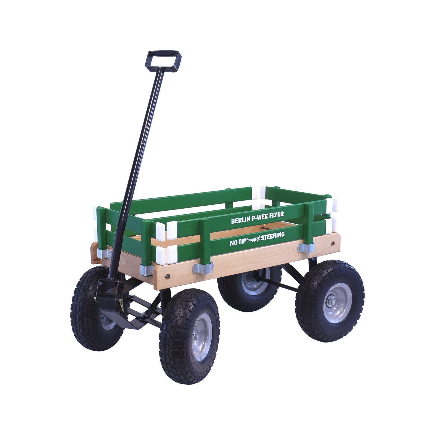Amish-made Berlin Big-Foot Kid's Wagon Model F300 pull-behind wagon with wooden construction and sturdy handle for children.