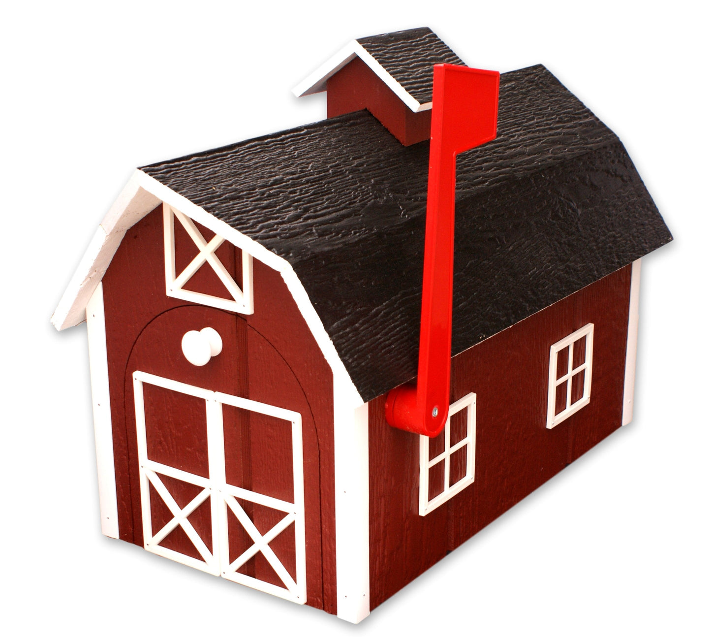 Amish-made wooden Dutch barn style mailbox mounted on a post, crafted from durable wood for outdoor home improvement.