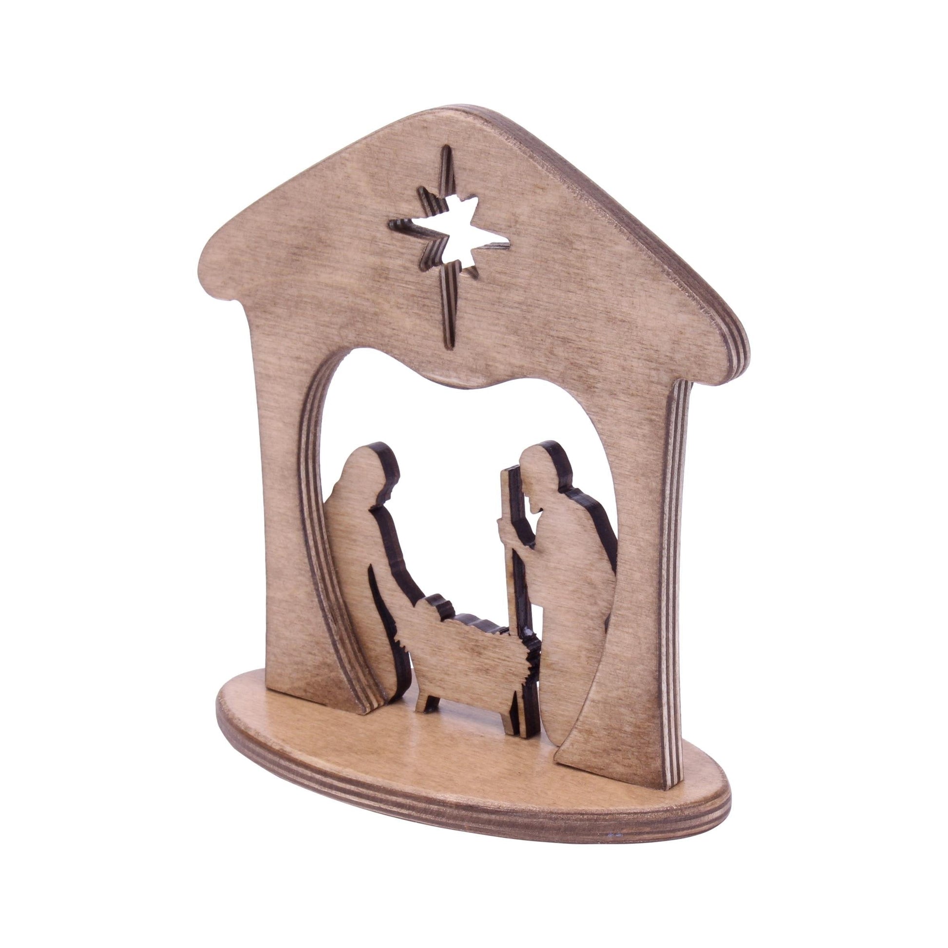 Wooden nativity scene with figures of Mary, Joseph, and baby Jesus from AmishToyBox.com, perfect for mantel or shelf display.