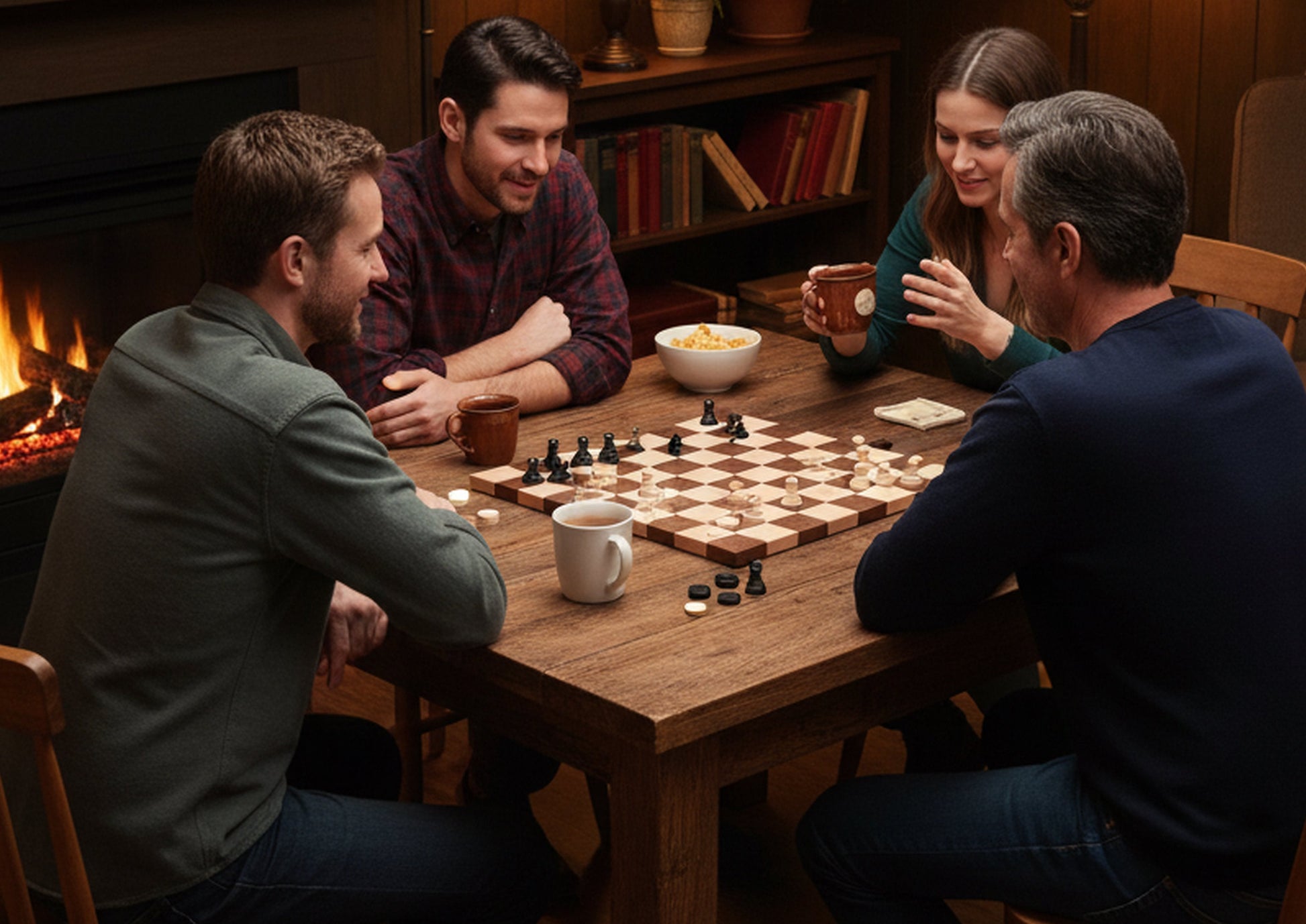 Maple and walnut hardwood 18-inch chess and checkers game board with detailed wood grain, crafted by AmishToyBox.com