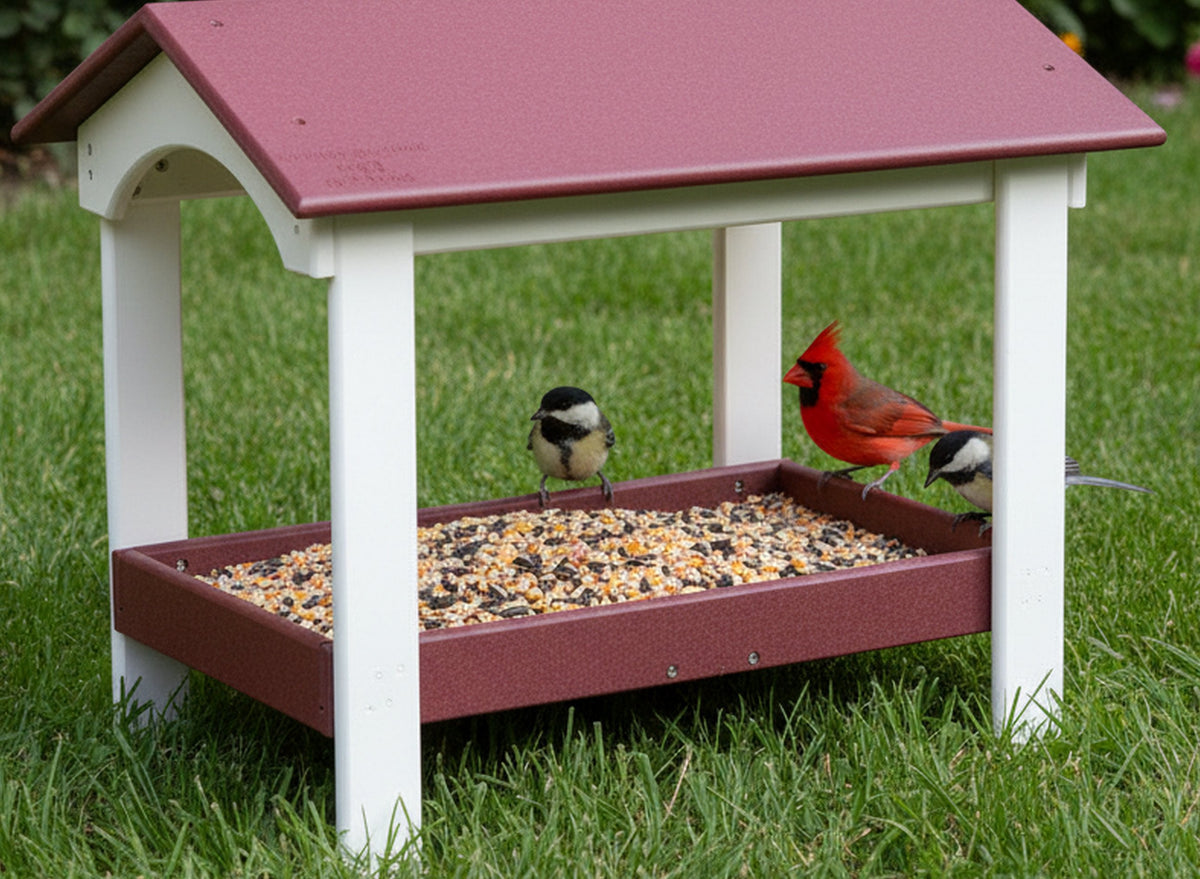 Deluxe AmishToyBox.com ground bird feeder with fly-through design, covered top, screen mesh tray, attracts birds and squirrels.