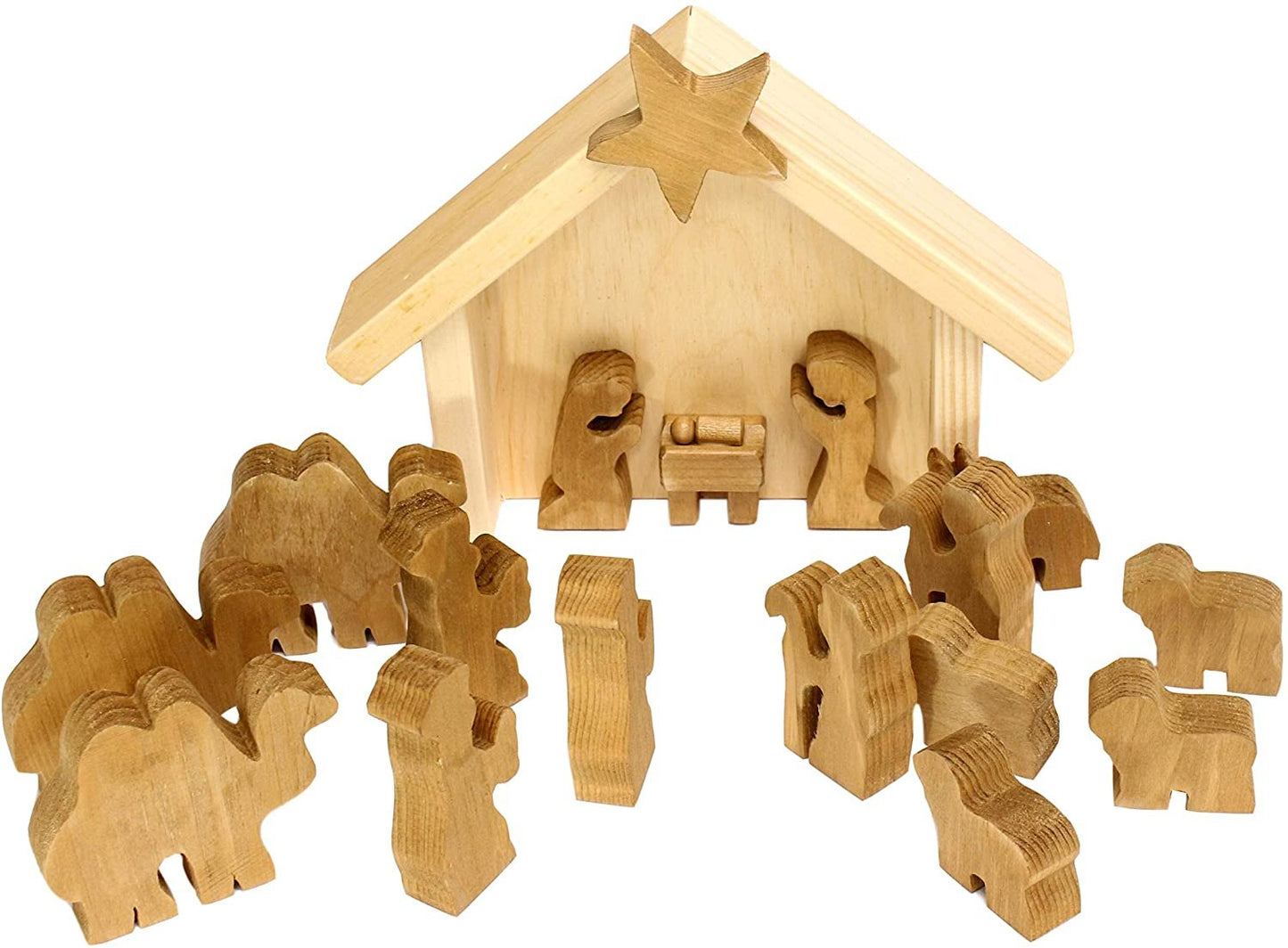 Wooden Nativity manger scene set with 14 pieces from AmishToyBox.com, featuring handcrafted wooden toys for holiday decoration.