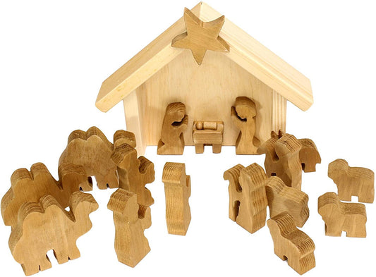 Wooden Nativity manger scene set with 14 pieces from AmishToyBox.com, featuring handcrafted wooden toys for holiday decoration.