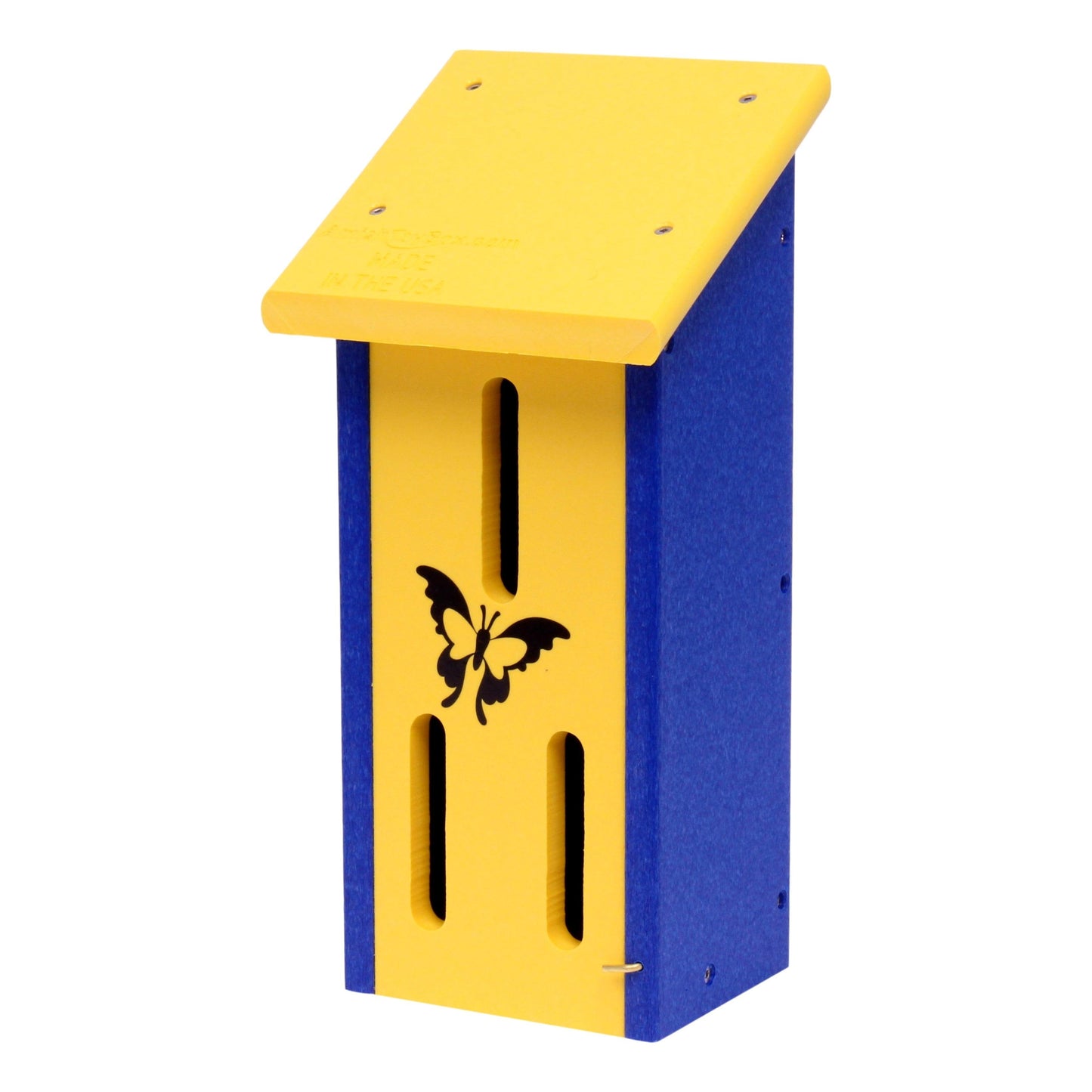 Amish-made butterfly house crafted from eco-friendly poly lumber, designed to attract and shelter butterflies in outdoor gardens.