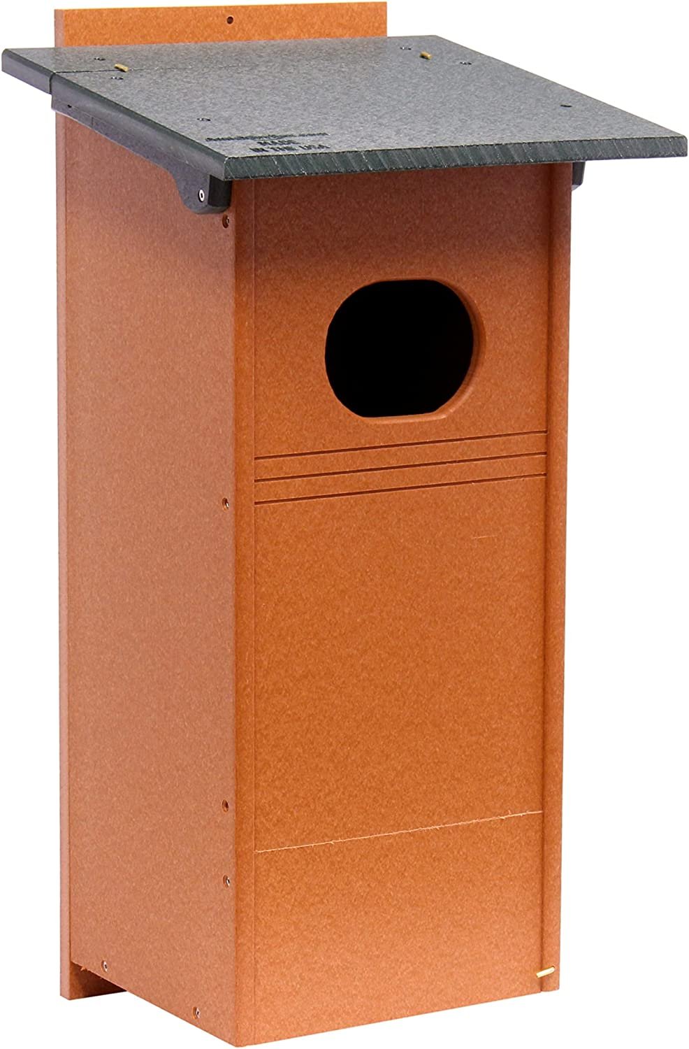 Wood Duck Bird House made of durable poly lumber, post-mount design, suitable for attracting and sheltering wood ducks outdoors.