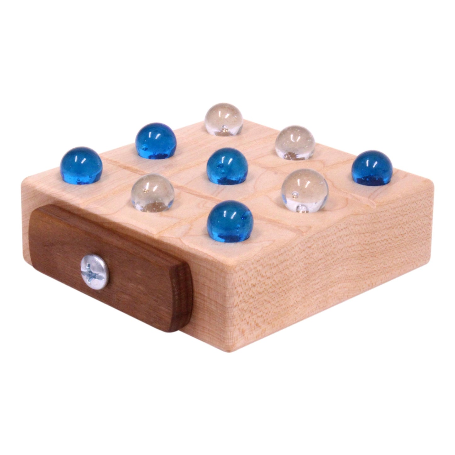 Wooden Tic Tac Toe game with built-in marble storage, featuring polished wood and colorful marbles for classic family fun.
