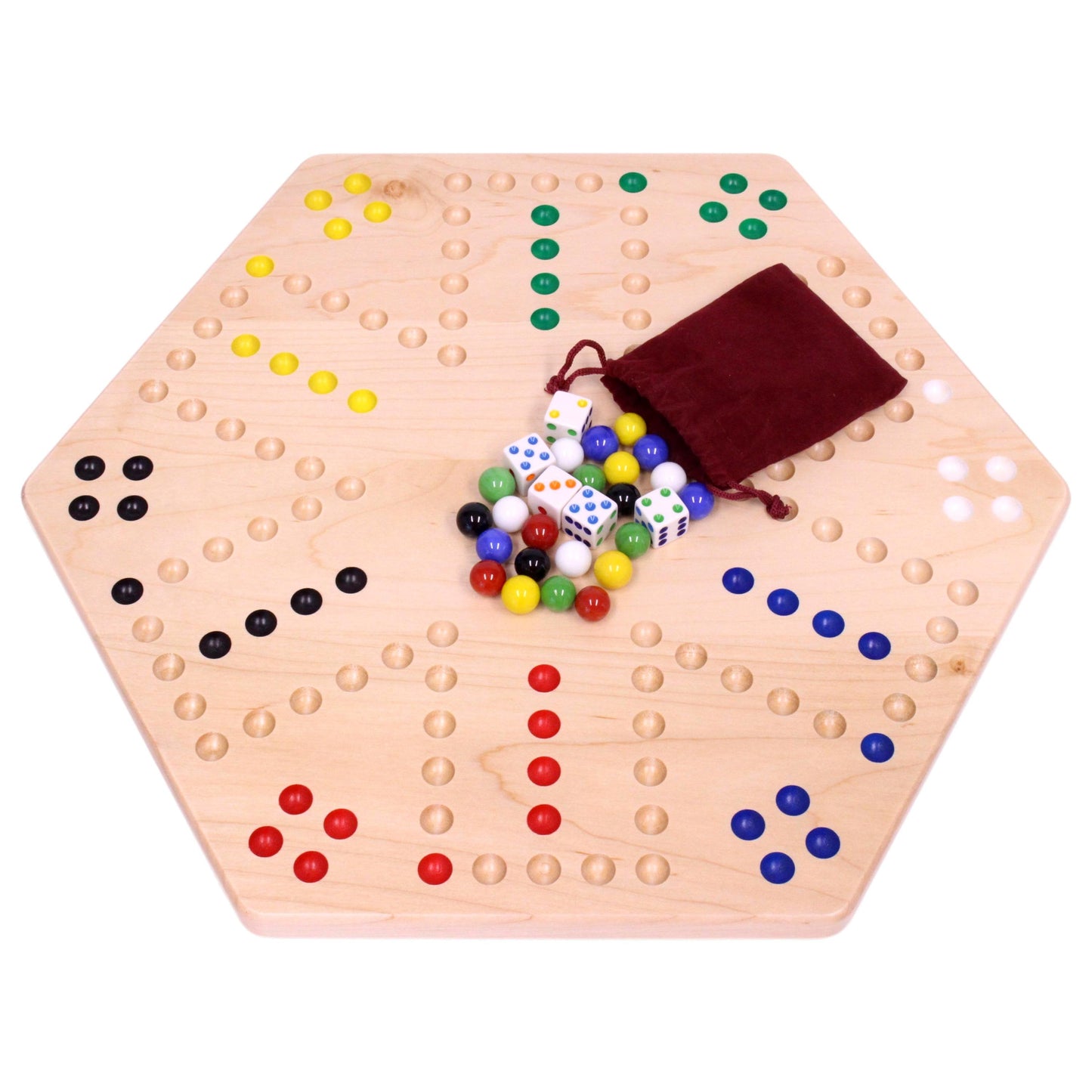 Hand-painted Aggravation Wahoo marble board game on wooden surface, double-sided for classic family fun, by AmishToyBox.com.