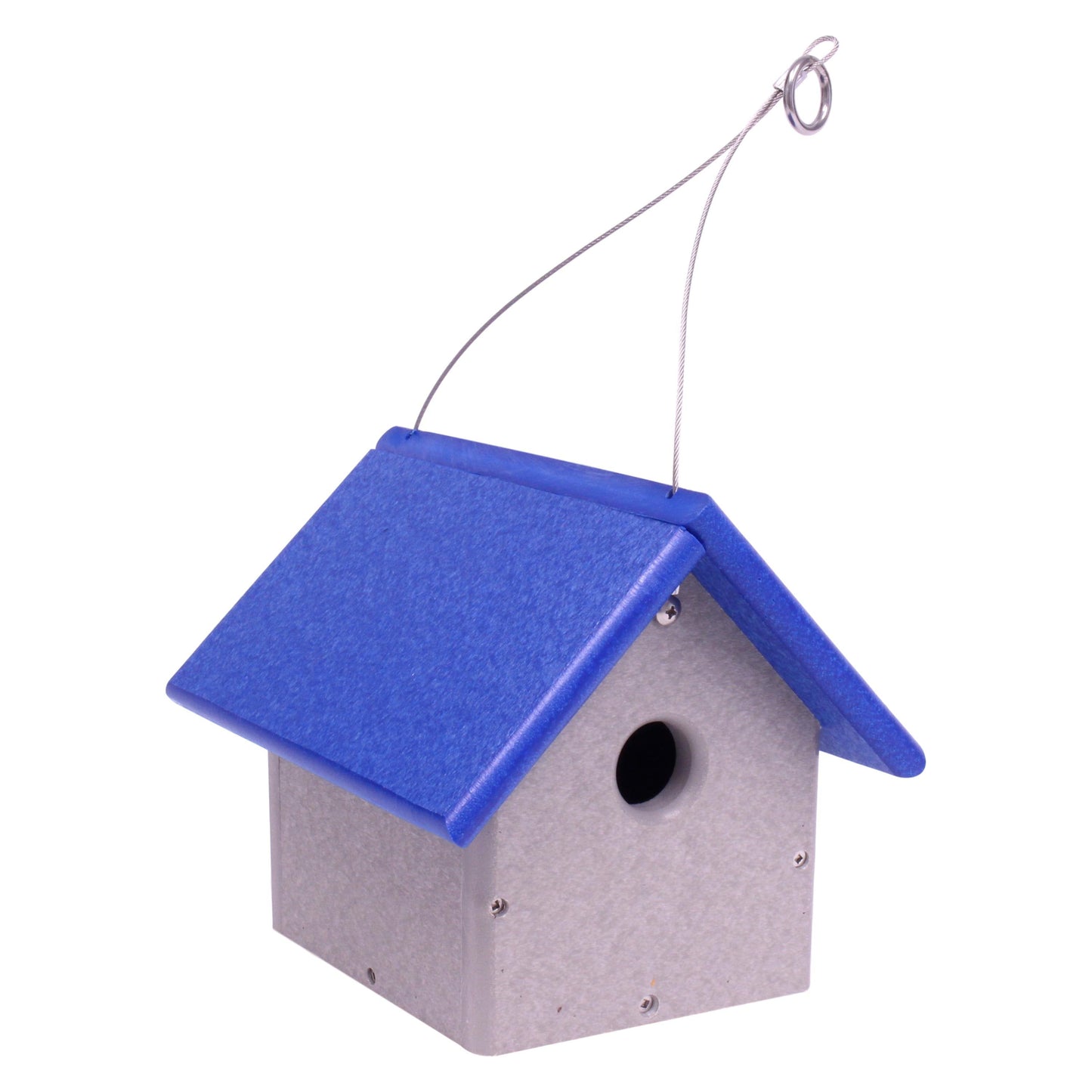 Amish-made poly lumber bird house for chickadees or wrens, with a small entrance hole and natural wood finish.