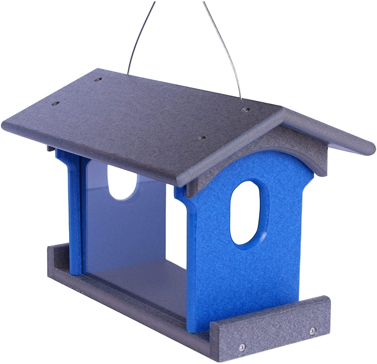 Amish-made bluebird feeder with poly lumber, designed for feeding mealworms, hanging on a tree branch, outdoors.
