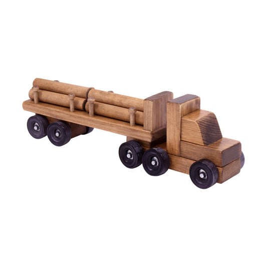 Amish-made wooden log semi truck toy with removable logs, detailed wooden train and truck toy for children