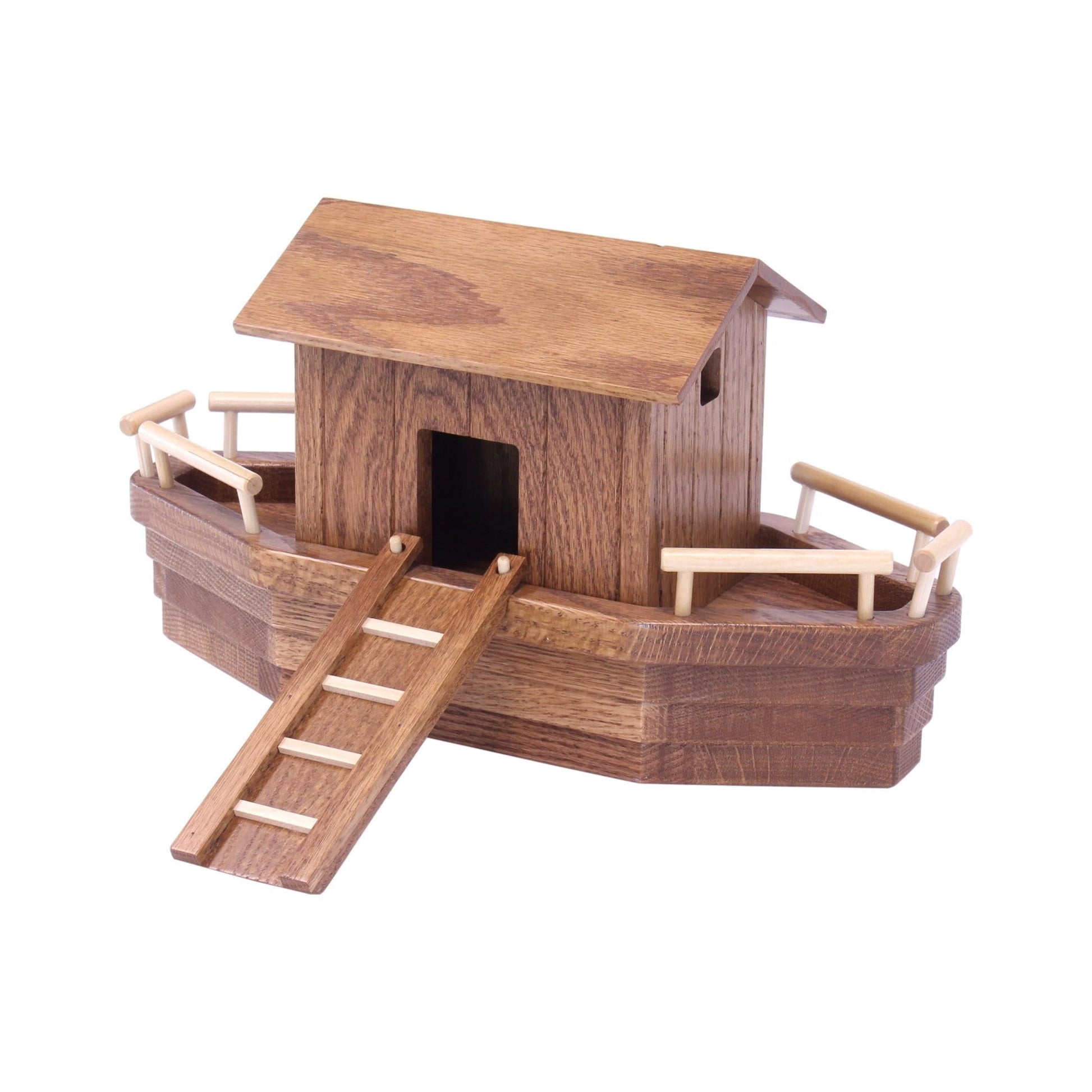 AmishToyBox.com wooden Noah's Ark playset with 13 animal figures, removable roof, and ramp for kids' imaginative play.