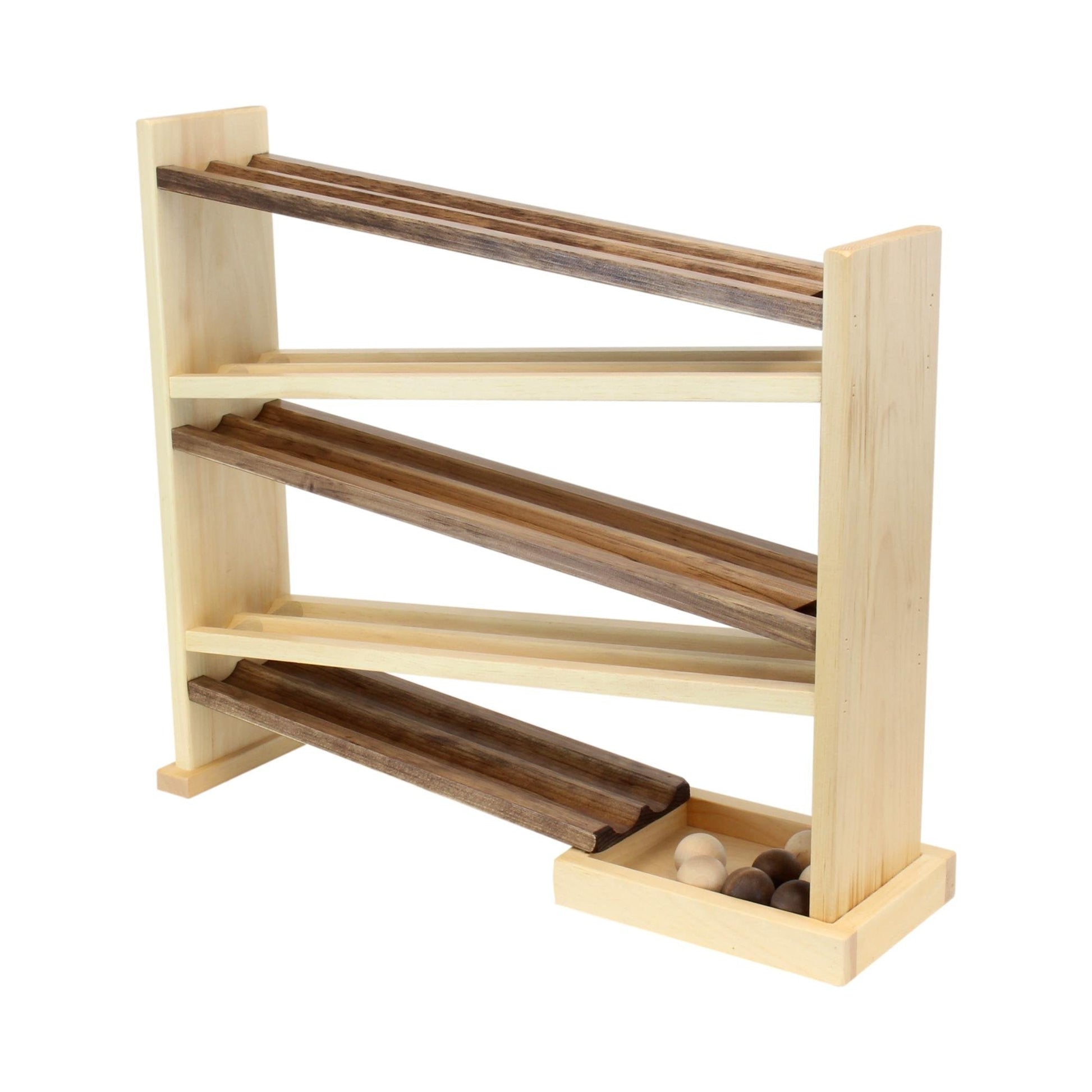 Amish-made wooden ball roller racetrack toy with eight colorful wooden balls, designed for children’s play and motor skill development.