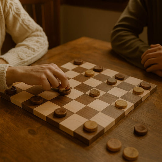 Maple and walnut hardwood 18-inch chess and checkers game board with a polished finish and detailed craftsmanship.