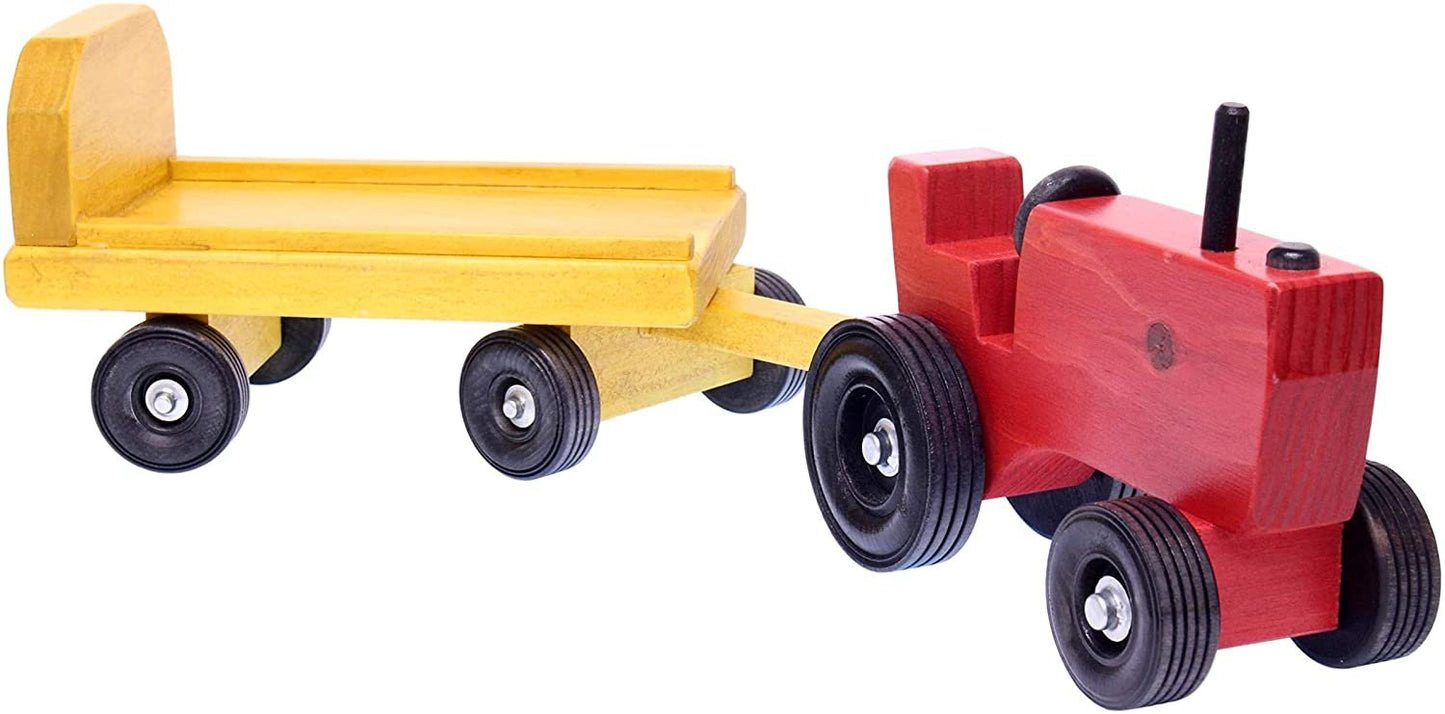 Amish-made wooden toy tractor and wagon set with hay bales, featuring detailed craftsmanship and rustic farm toy design.