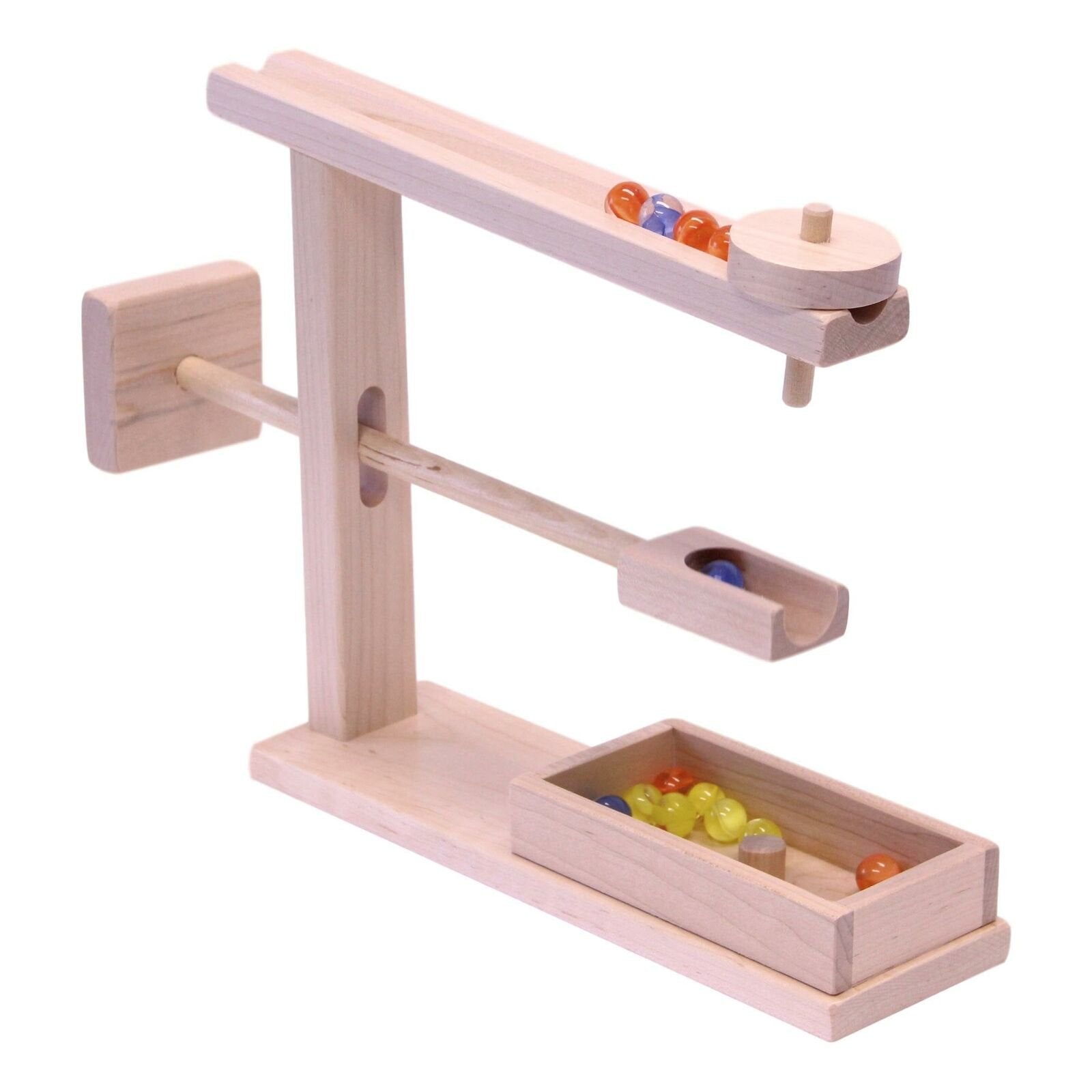 Amish-made wooden marble roller toy with child-safe maple and walnut finish, featuring colorful marbles and smooth rolling balls.