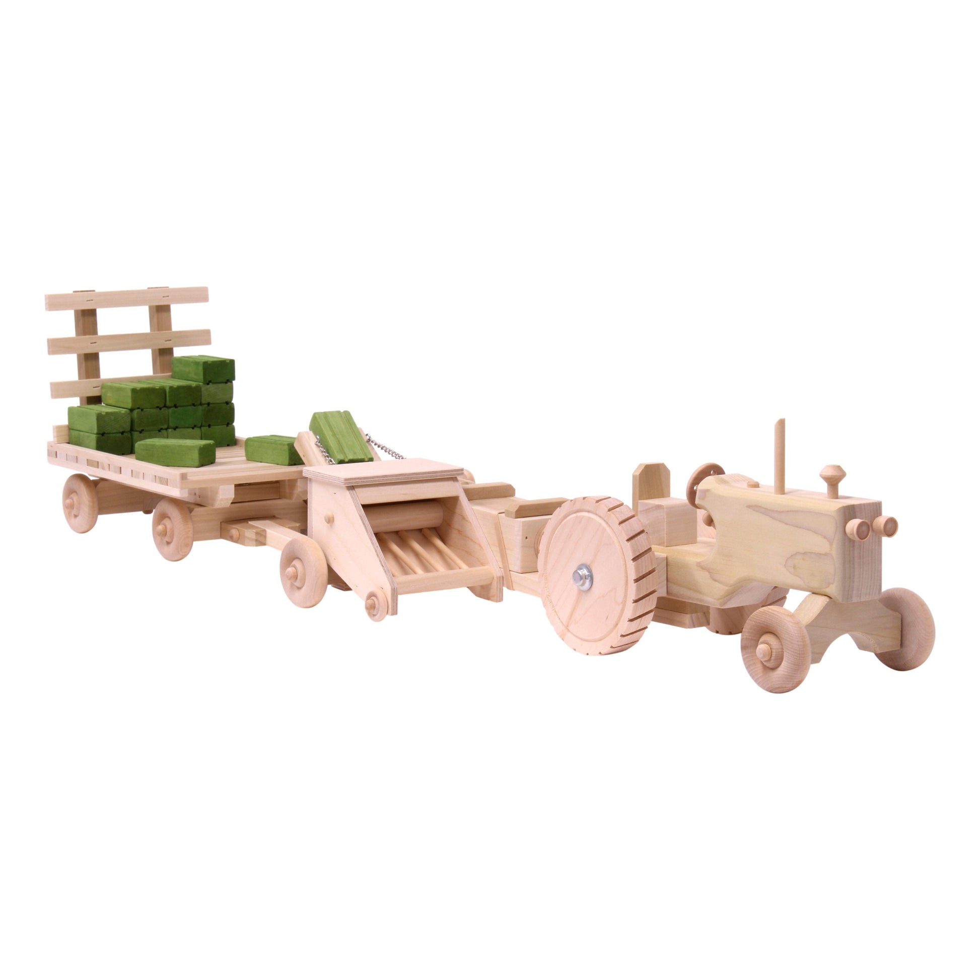 Wooden toy tractor, hay baler, hay wagon, and 16 hay bales from AmishToyBox.com Little Farmer Hay Baling Toy Set