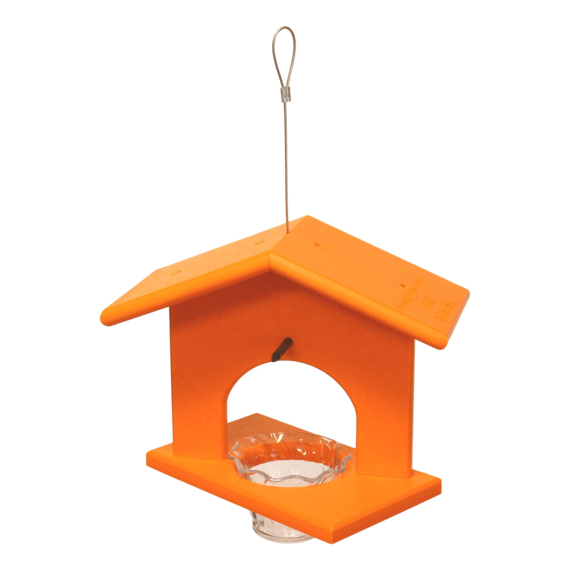 Eco-friendly hanging oriole bird feeder with jelly and orange design, made from durable poly lumber, ideal for attracting Orioles.