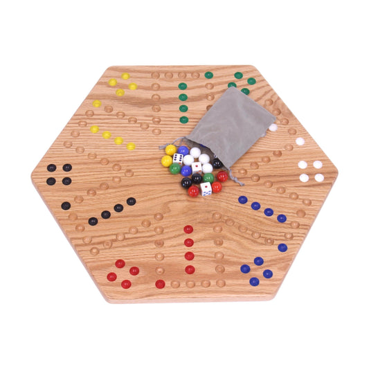 Double-sided Aggravation Wahoo marble board game with hand-painted wooden design, suitable for family fun and strategic play.