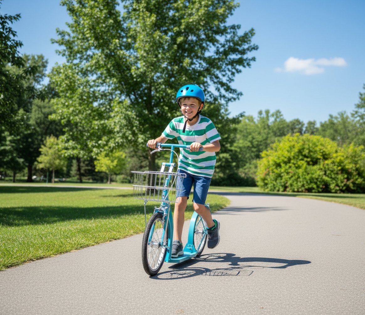 Amish-made Deluxe Kick Scooter Bike for big kids, Model 1660, with sturdy frame and adjustable handlebars, designed for outdoor play.
