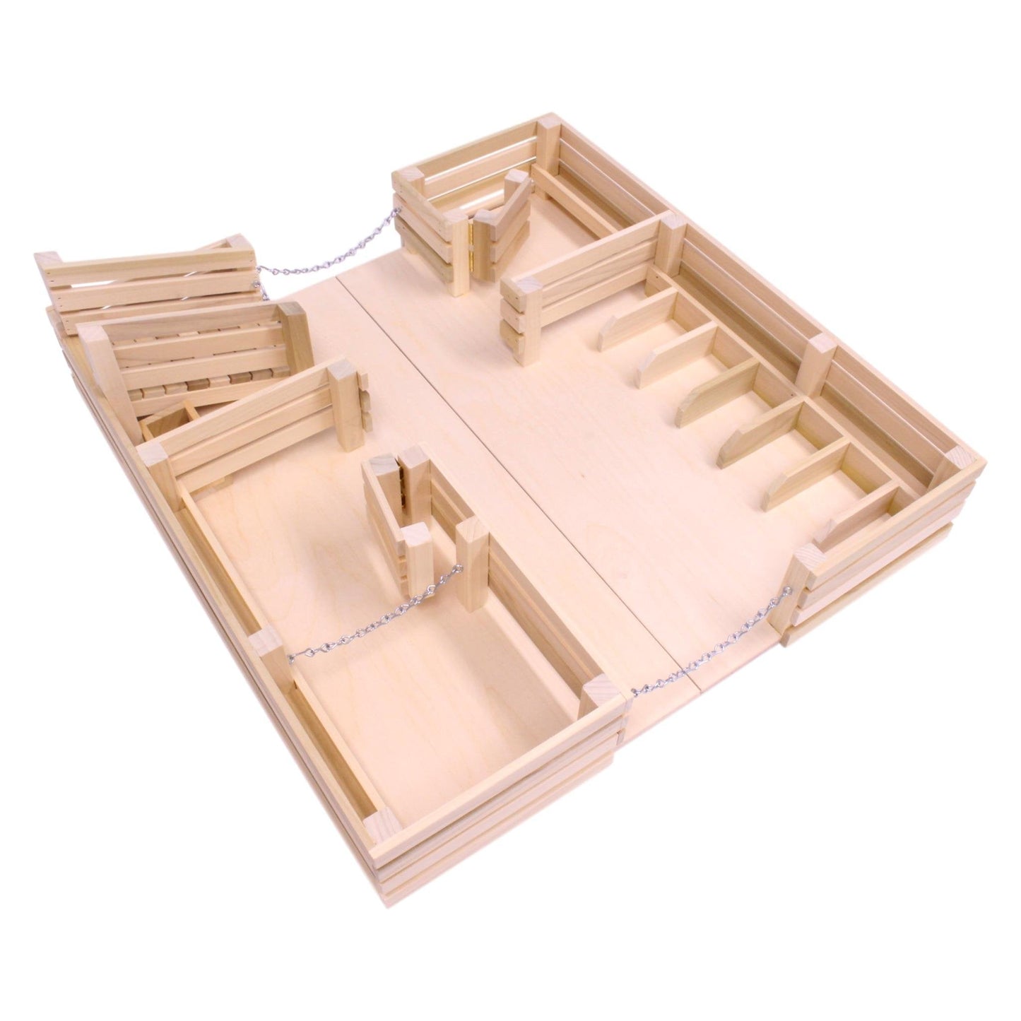 Amish-made wooden folding stock yard farm toy from AmishToyBox.com, unfinished natural wood with detailed farm equipment design.