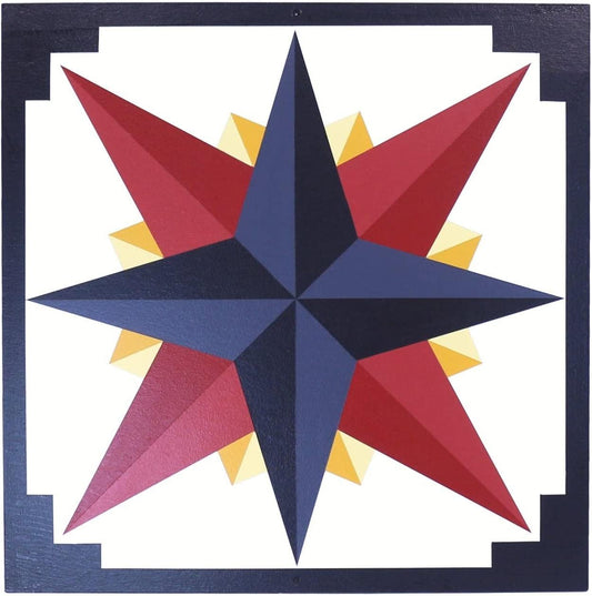 Hand-painted barn quilt featuring a Mariner's Compass design in gold and blue, suitable for lawn and patio decor.