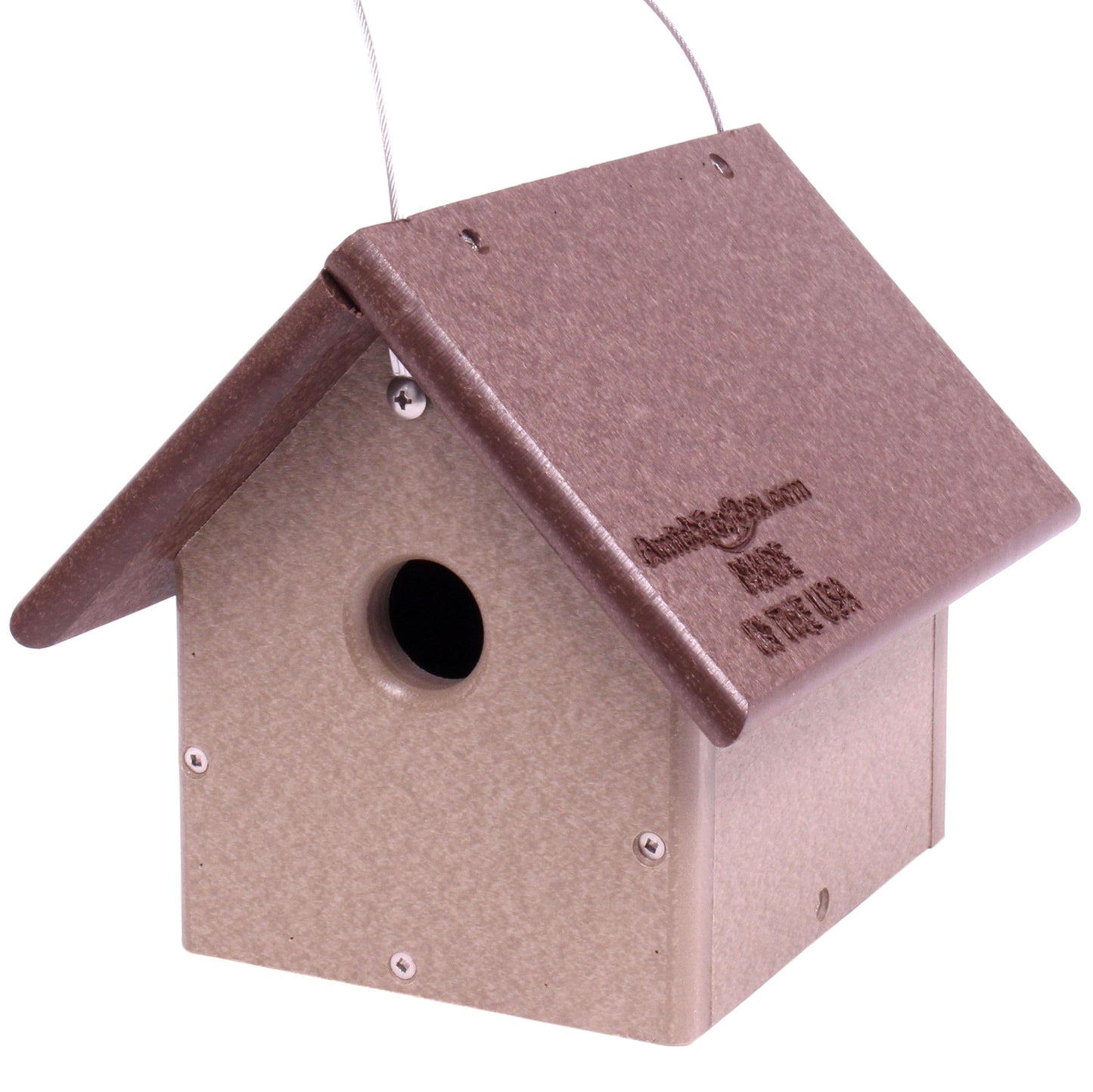 Amish-made chickadee or wren bird house crafted from poly lumber, designed for small birds like chickadees and wrens.