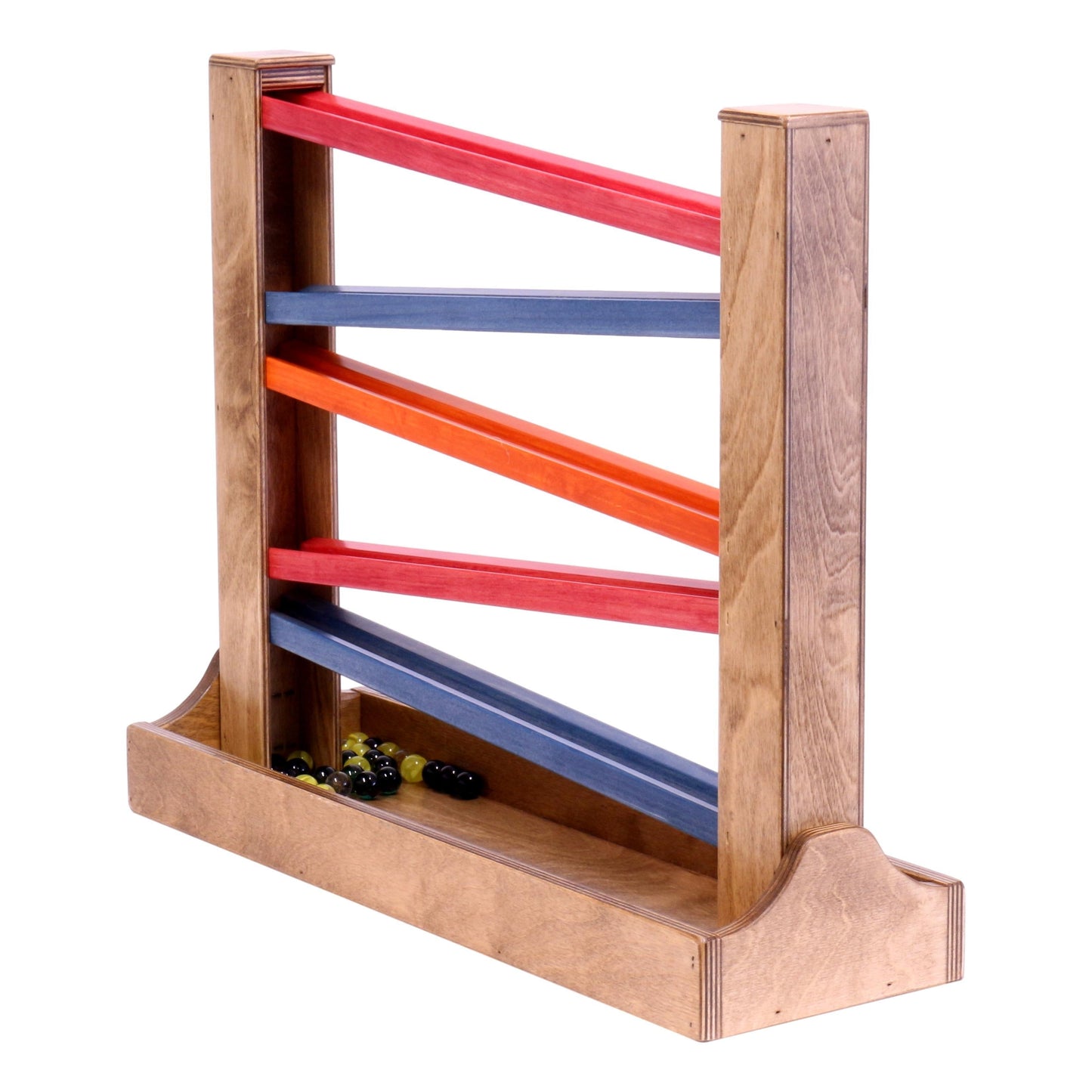 Amish-made heirloom marble roller toy with wooden balls and marbles, child-safe finish, perfect for kids' play and developmental fun.