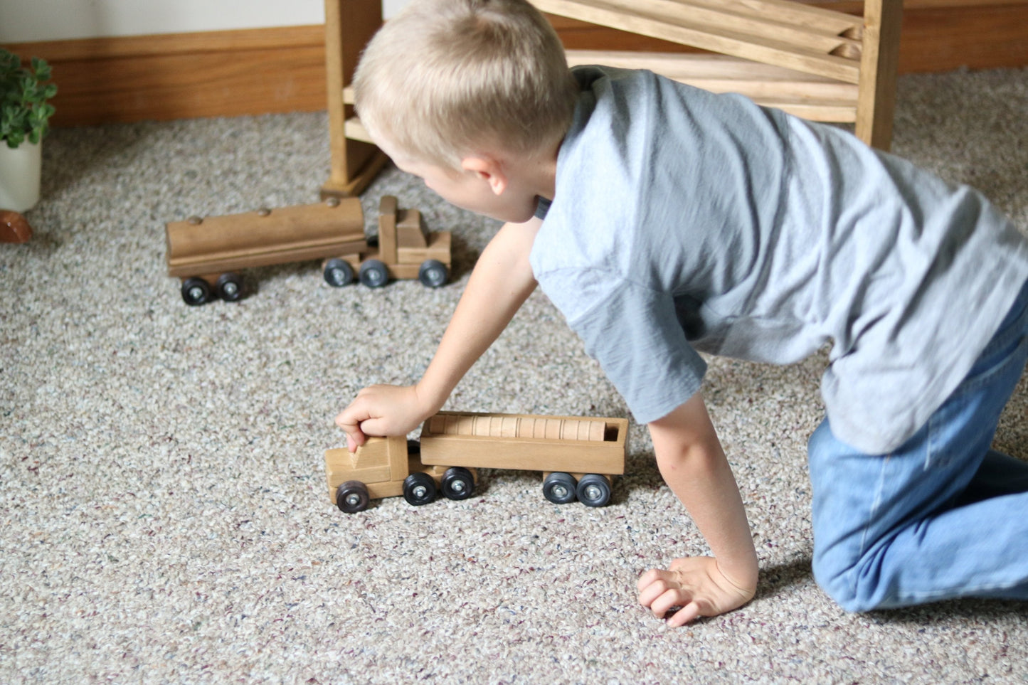 Wooden barrel truck toy with removable barrels in harvest stain finish, suitable for children, from AmishToyBox.com.