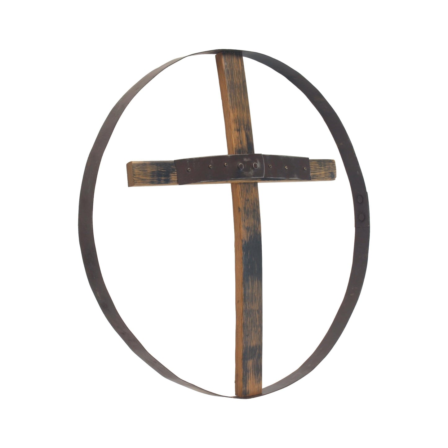 Rustic reclaimed barrel cross wall art, 23-inch diameter Amish-made religious wall decor with a weathered wood finish.