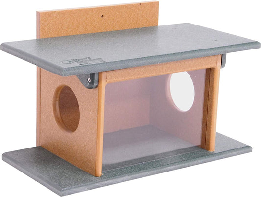 Amish-made squirrel corn feeder mounted on a wooden post, made of durable poly lumber, designed for wildlife feeding.