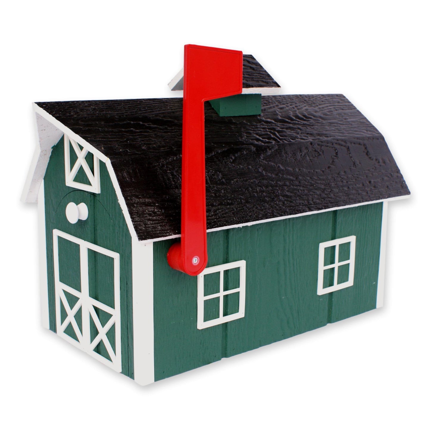 Amish-made wooden Dutch barn style mailbox mounted on a post, handcrafted tool for home improvement and outdoor decorating.