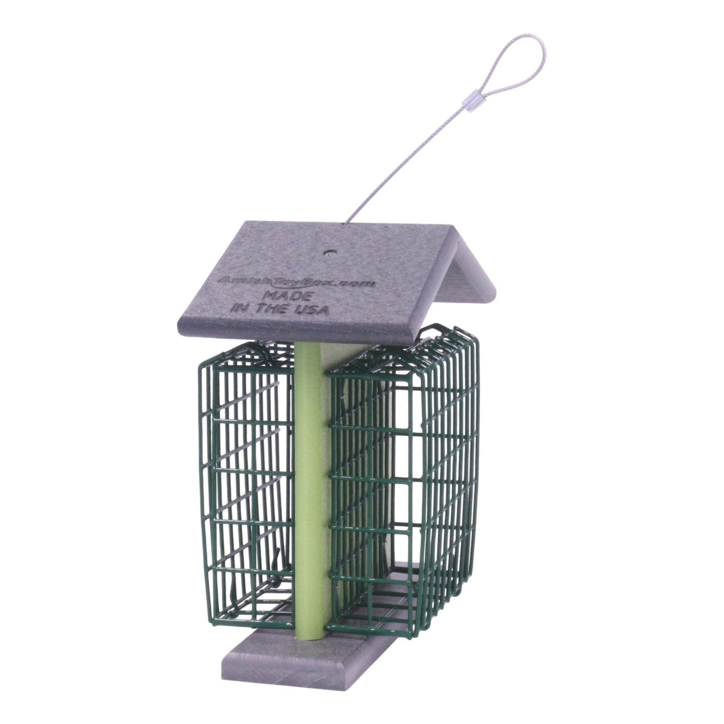 Amish-made double suet-cake bird feeder with poly lumber, designed for attracting small birds, sturdy and weather-resistant.