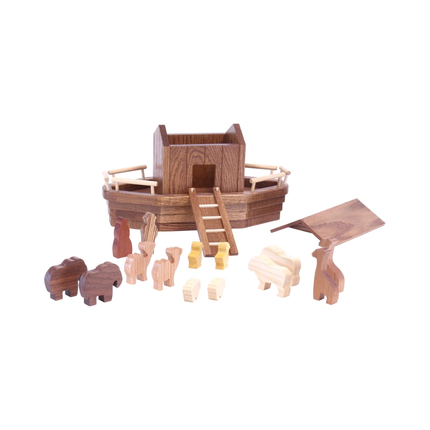Wooden Noah's Ark playset by AmishToyBox.com featuring 13 animal figures, removable roof, and ramp for children’s imaginative play.