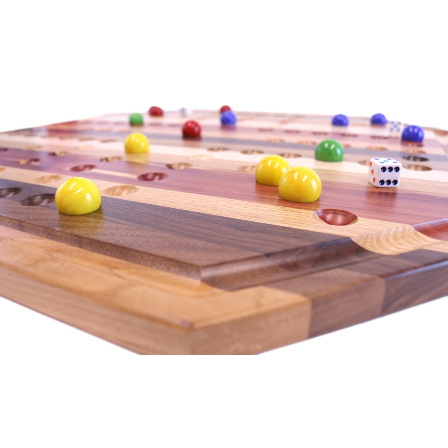Multi-Wood Aggravation marble game board set by AmishToyBox.com, 24-inch wide wooden toy with colorful marbles and game pieces.