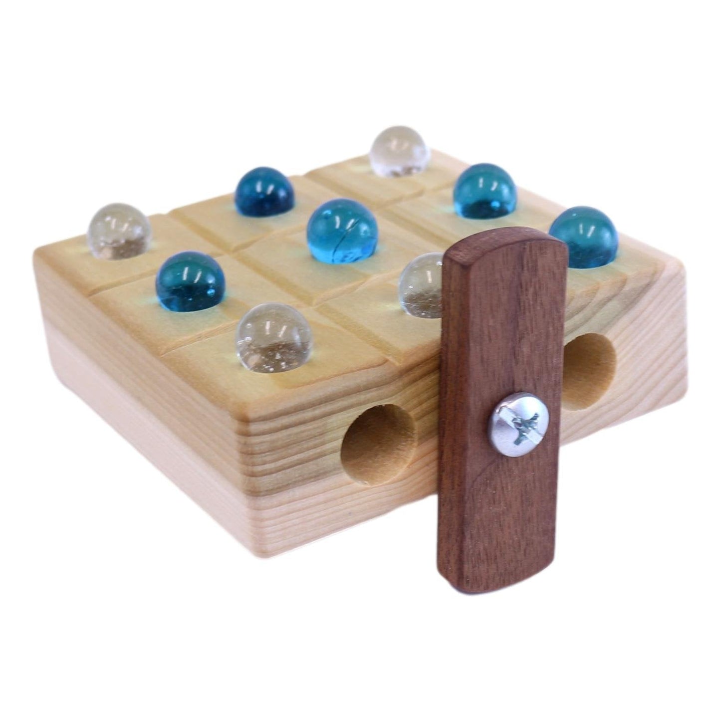 Wooden Tic Tac Toe game with marble storage by AmishToyBox.com, featuring a classic wooden board and colorful marbles.