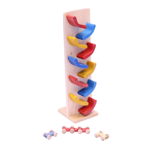Amish-made mini wooden car roller toy with colorful wooden cars in a pack, perfect for kids' imaginative play.